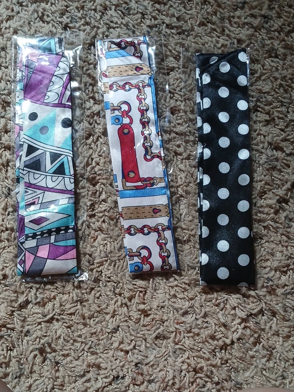 Set of 3 Skinny Satin Hair Scarves - Polka Dot, Chain Print, Geometric Pastel